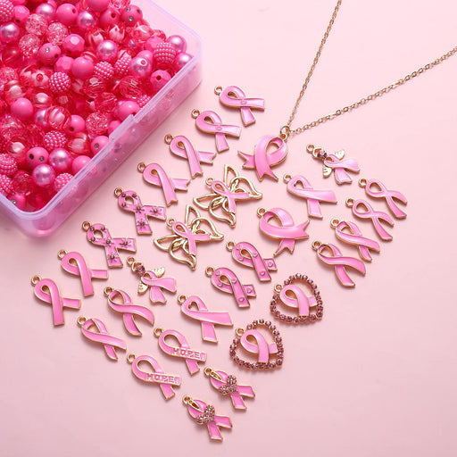 570PCS Breast Cancer Awareness Beads Charms for Jewelry Making, Pink Ribbon Charms Clay Beads Acrylic Crystal Pink Beads for Bracelet Necklace Earrings Making DIY Crafts (570PCS Beads&Charms)