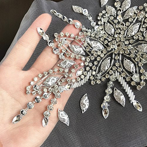 Exquisite Uniquely Pure Handmade Bright Crystal Patches Sew-on Rhinestones Applique with Stones Sequins Beads for Wedding Dress DIY Manual Accessories Belt Chest Waist Decoration (Silver)