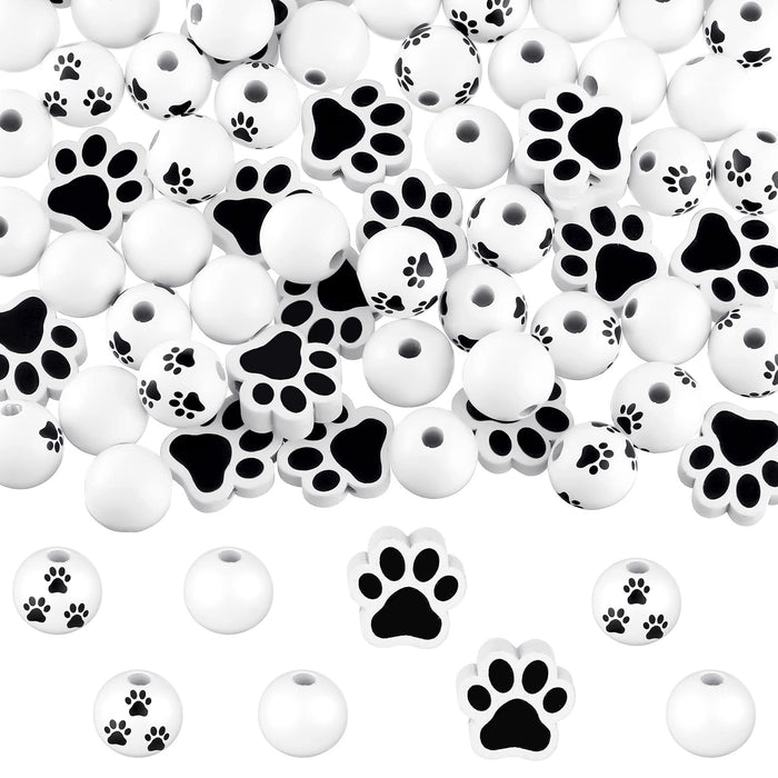 120 Pieces Paw Wooden Beads Dog Paw Footprint Bead Puppy Paw Wood Beads Black and White Cute Spacer Beads for Christmas DIY Crafts Garlands Jewelry Making Party Home Decoration
