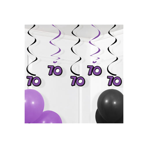Creative Converting 5-Count Dizzy Dangler Hanging 70th Birthday Streamers, Black/Purple -