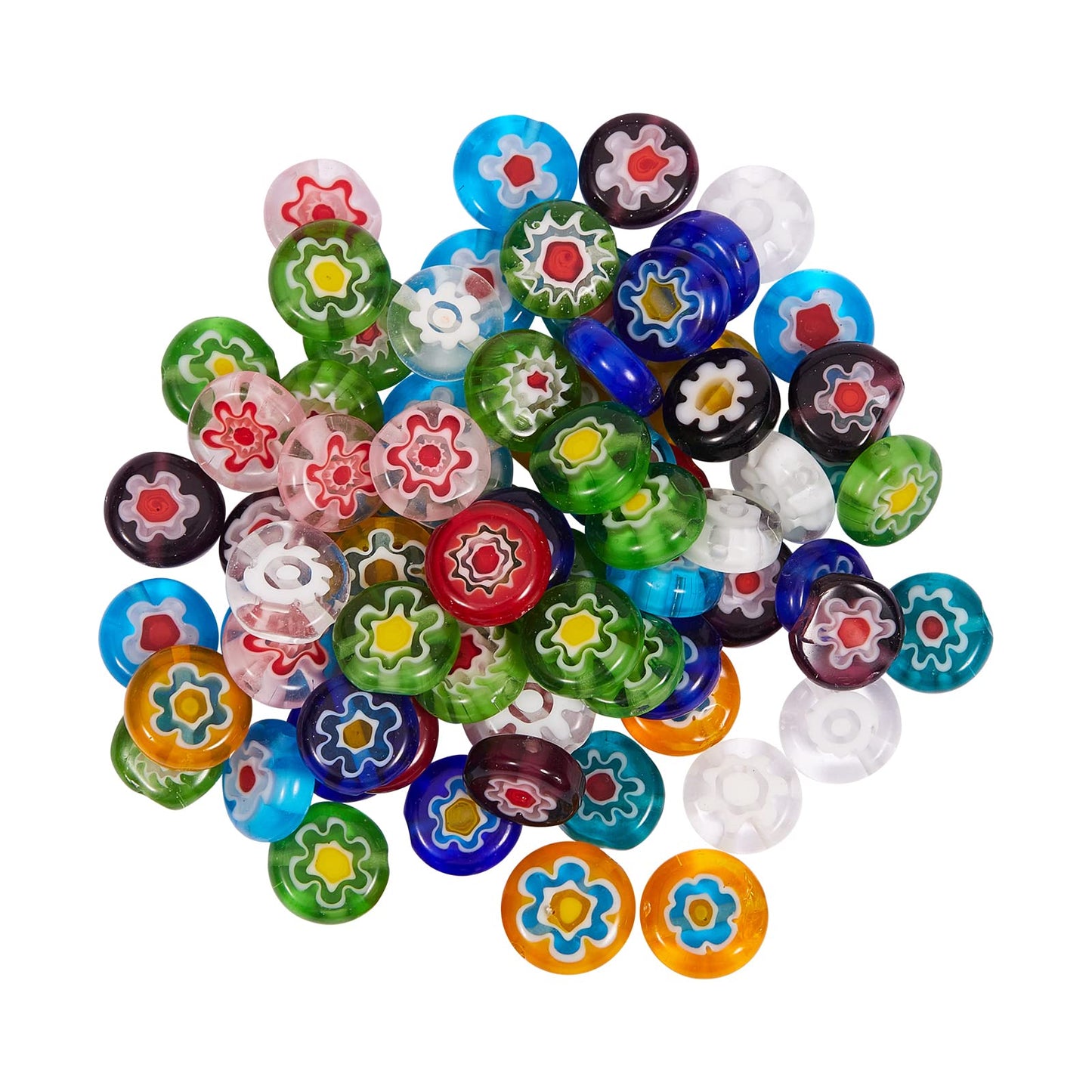 DanLingJewelry 84pcs Random Color Handmade Millefiori Lampwork Flat Round Beads Glass Flower Round Loose Beads for DIY Jewelry Making