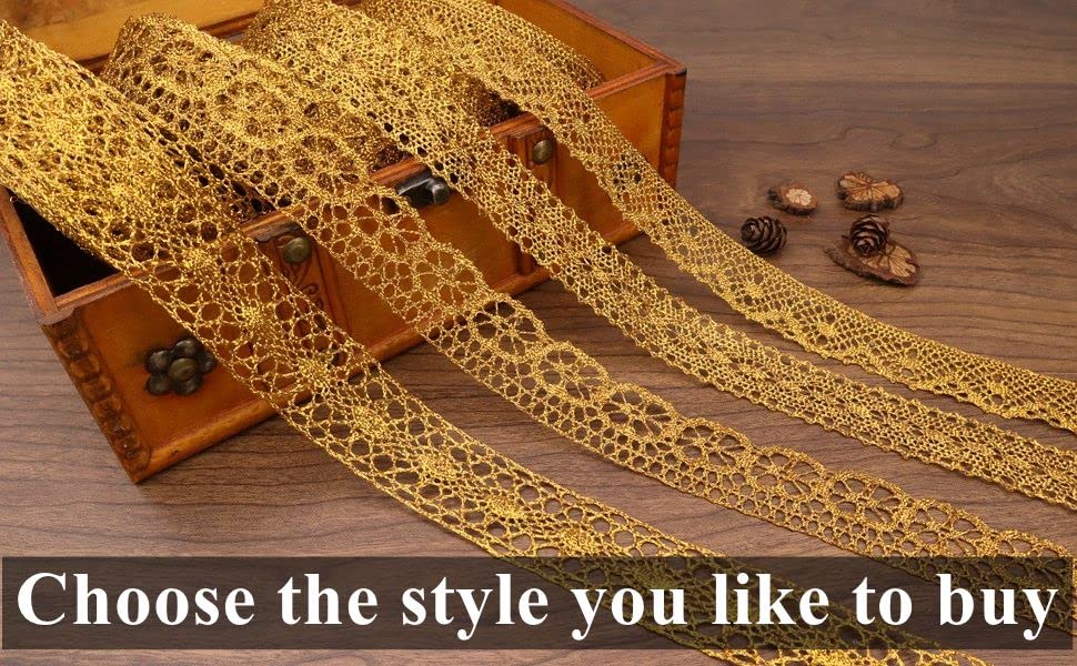 Gold Lace Trim 15 Yards 1.3 inch Crochet Lace Ribbon Sewing Lace for DIY Craft Gift Package Wrapping Bridal Wedding Decoration