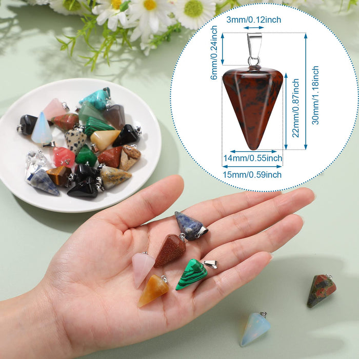 50 Pieces Cone Stone Pendants Pendulum Line Crystal Pendants Healing Chakra Quartz Crystal Charms Cone Shaped Gemstone Pendants for Jewelry Making DIY Necklace, 25 Colors