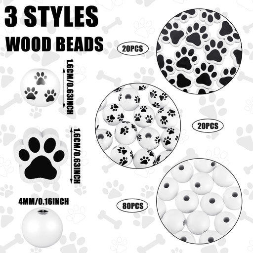 120 Pieces Paw Wooden Beads Dog Paw Footprint Bead Puppy Paw Wood Beads Black and White Cute Spacer Beads for Christmas DIY Crafts Garlands Jewelry Making Party Home Decoration