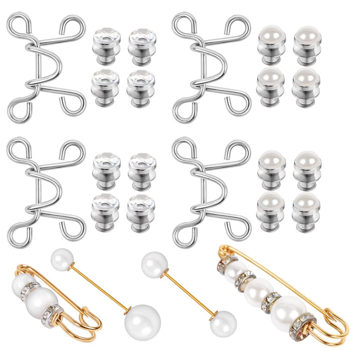 MIKIMIQI 8 Set Adjustable Waist Buckles, 4 Sets Nail-Free Pearl Diamond Waist Buckle Set and 4 Pcs Pearl Safety Pin Jeans Tighten Waist Adjustment Button Perfect Fit Instant Button for Pants