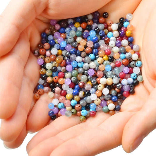 4mm Natural Mixed Materials Gemstones Beads Tiny Spacer Round Loose Beads Jewelry Making KIT with Thread and Needles 600 PCS(24 Natural, 4mm)