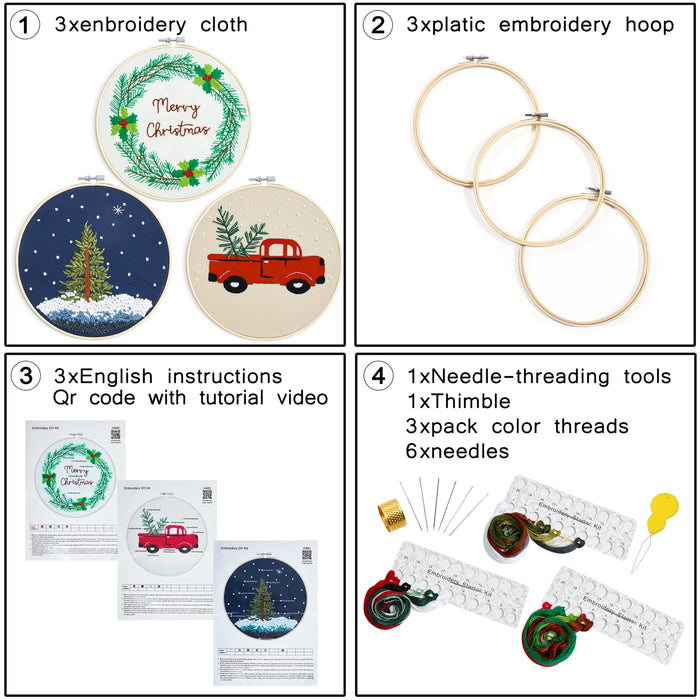 Embroidery Christmas Kits for Adults Beginners Embroidery Starter Kits with Christmas Tree Wreath Pattern, Hand DIY Embroidery Stamped kits, 3 Embroidery Hoops, 3 Embroidery Fabric, Needles and Thread