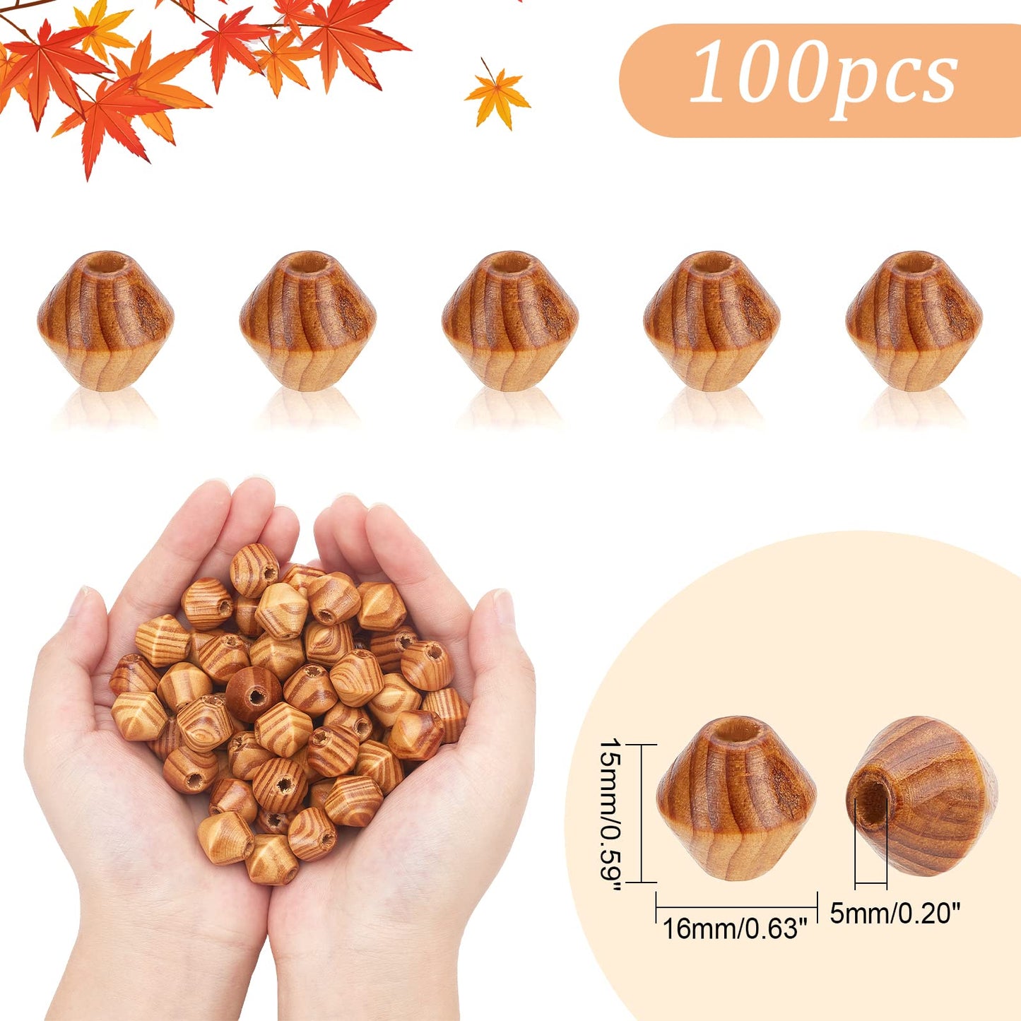 OLYCRAFT 100pcs Natural Wood Beads Faceted Geometric Wood Beads 16mm Wooden Spacer Beads Bicone Wooden Beads for Jewelry Making Bracelets Necklace Earring DIY Crafts - Hole 5mm