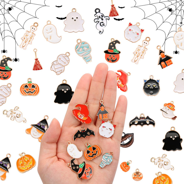 BENBO 44 Pieces Halloween Charms Pendants, Plated Enamel Horror Pumpkin Bat Ghost Mummy Skeleton Skull Wizard Hat Charms Pendants with Box for Halloween Party DIY Jewelry Making