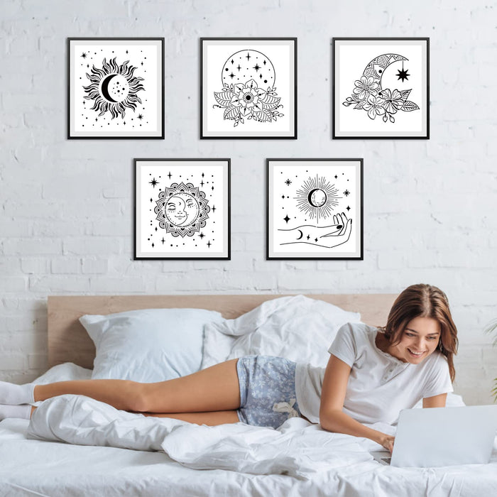 9PCS Large Sun and Moon Stencil, Mandala Boho Stencil for Painting on Canvas, Sun Moon Face Woman with Flower Plastic Template for Crafts