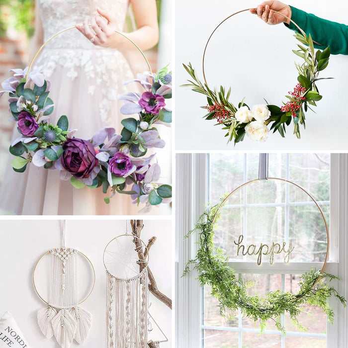 10 Pack 12 Inch Large Metal Floral Hoops, Metal Floral Hoop Centerpiece with 10 PCS Wood Place Card Holders, Wreath Macrame Gold Hoop Rings for DIY Wedding Table Decor Dream Catcher