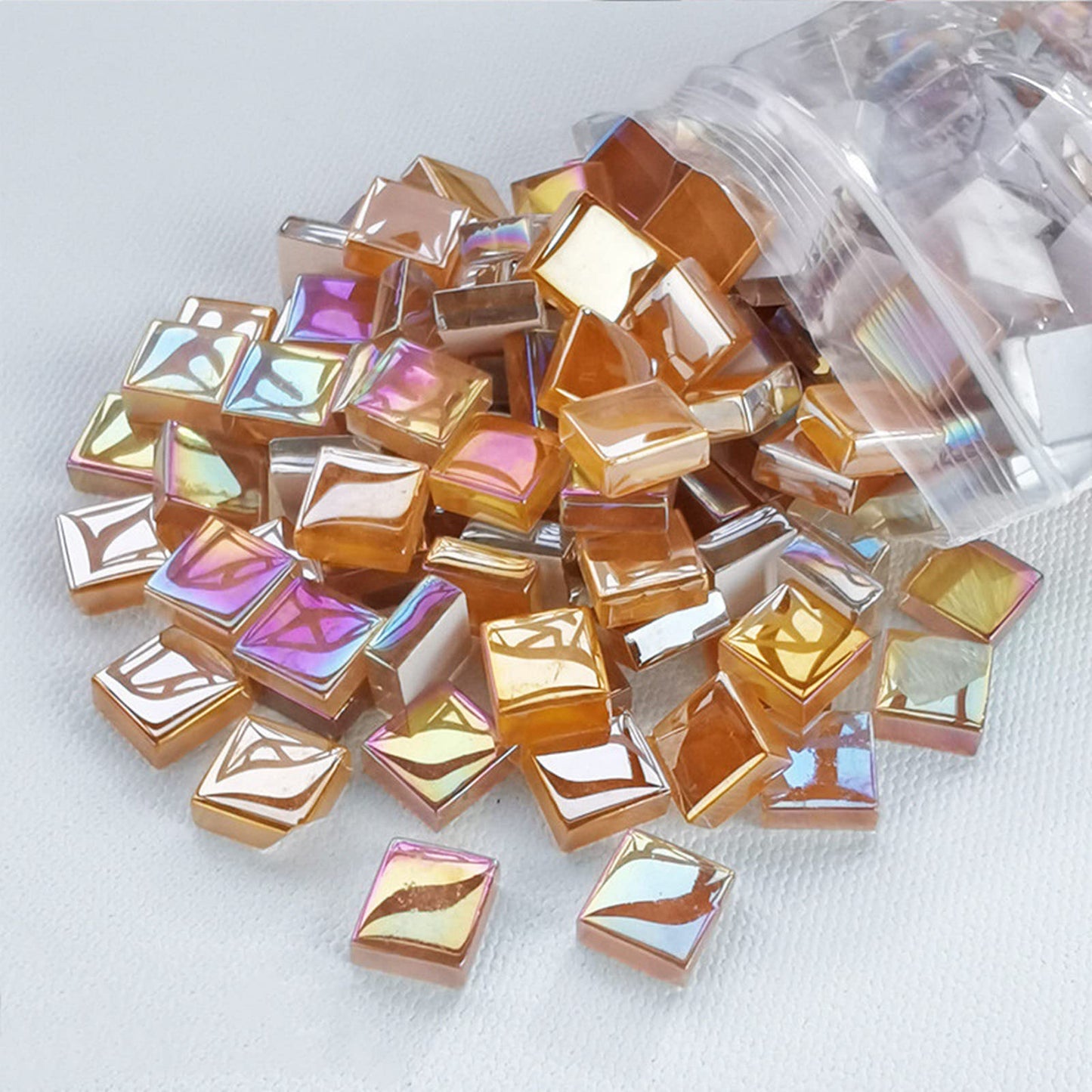 1.1lb Square Crystal Mosaic Tiles, Iridescent Mosaic Glass Tiles for Crafts, Mosaic Pieces DIY Hobbies Children Handmade Jewelry Art Decoration Gifts,525 Pieces (Camel)