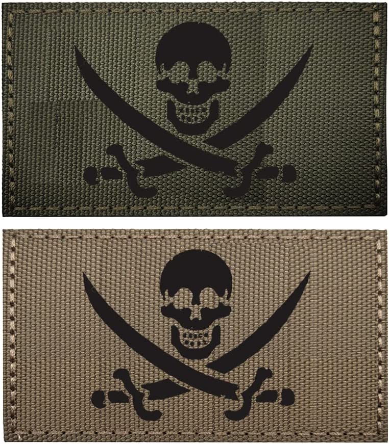 2 PCS AliPlus Pirate Flag Patches Jolly Rodger Flag Patch IR Infrared Reflective Patch Laser Cut Patch Tactical Morale Patch Applique Fastener Hook and Loop(Green)