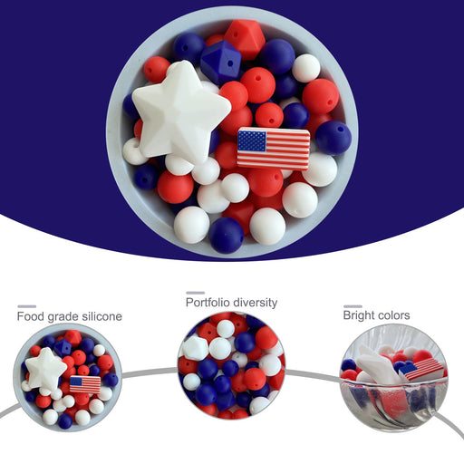 Silicone Loose Beads US Flag for Keychain DIY, Silicone Beads Round Rubber Beads Polygonal Star Beads Making Kit for Bracelet Necklace Jewelry Crafts-74PCS