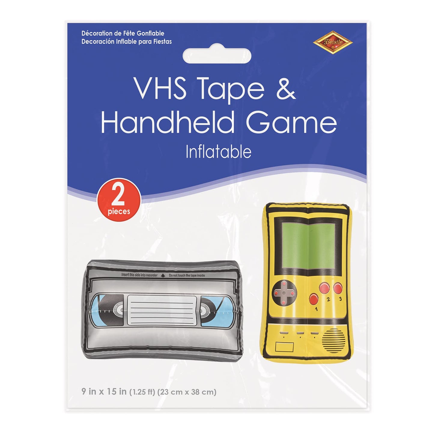 Beistle 2 Piece 15" x 9" Inflatable VHS Tape & Handheld Game Throwback 1990's Theme Party Decorations, 9" x 15", Black/Yellow/Red/Gray/Blue