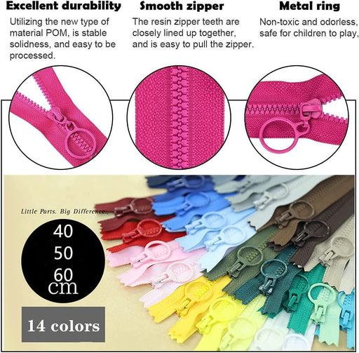 Zippers Colorful Resin 14pcs Zippers with Ring Pulls #3 Plastic Zippers with Lifting Separating Zippers for Clothes DIY Children Coat Sewing Craft Bags Mixed 14 Colors Resin Zippers (40cm) 16inch