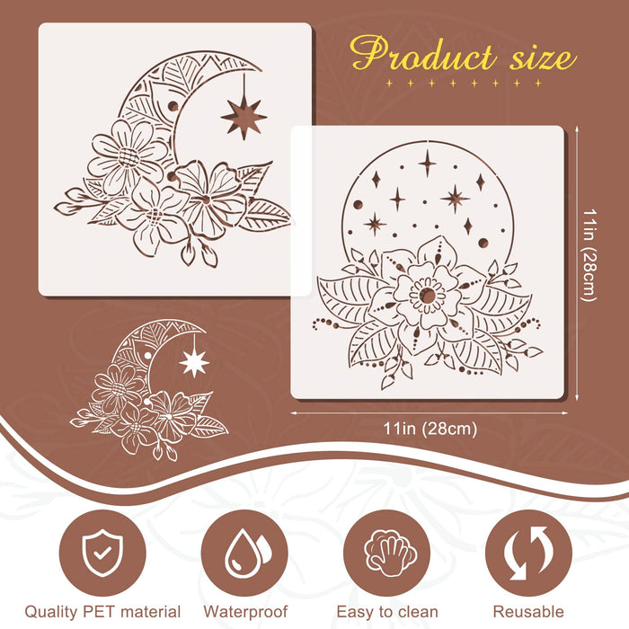 9PCS Large Sun and Moon Stencil, Mandala Boho Stencil for Painting on Canvas, Sun Moon Face Woman with Flower Plastic Template for Crafts