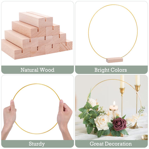 10 Pack 12 Inch Large Metal Floral Hoops, Metal Floral Hoop Centerpiece with 10 PCS Wood Place Card Holders, Wreath Macrame Gold Hoop Rings for DIY Wedding Table Decor Dream Catcher