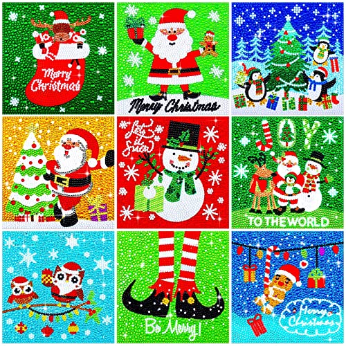 Charniol 9 Pcs Christmas 5D Diamond Painting Kits Santa Claus Snowman Round Drill Dots Craft Handmade Square Art for Decoration (Snowman, Style)