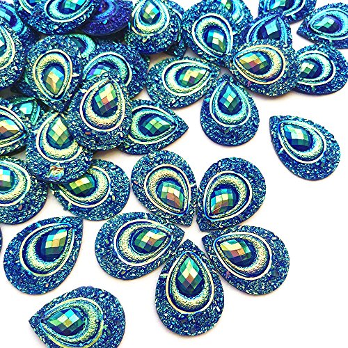Sparkly Buttons Drop AB Color Sew On Crafts Rhinestones Flatback Beads Sewing for Costume Wedding Dress Decorations 18x25mm 50pcs (Blue)