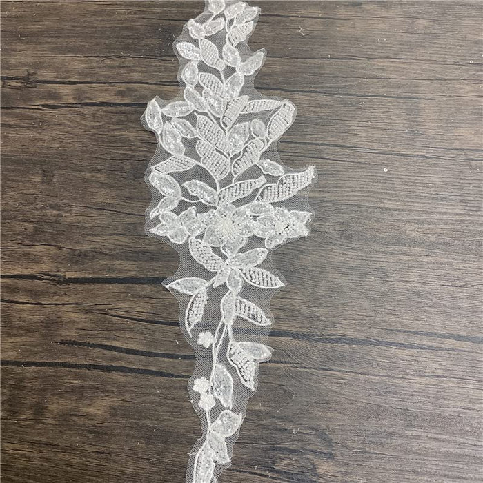 Beaded Flower Patches Sequin Applique lace Fabric Trim Motif Sewing Bridal Wedding Vintage 3D for Wedding Dress DIY Clothing Flower Applique (White), 17*5.5''