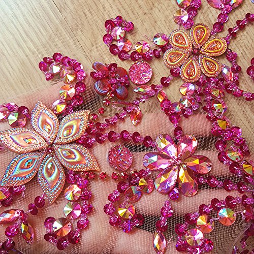 Noble Pure Handmade Beaded Crystal Rose Red AB Patches Sew on Rhinestones with Stones Sequins Beads Applique Designs Patches Sewing for DIY Wedding Dress Trim 30x60cm (Pink)