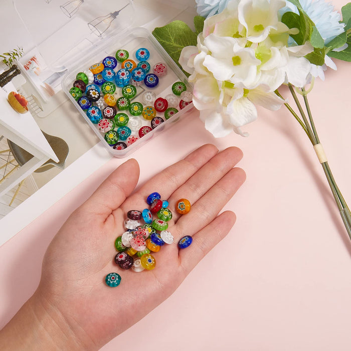 DanLingJewelry 84pcs Random Color Handmade Millefiori Lampwork Flat Round Beads Glass Flower Round Loose Beads for DIY Jewelry Making