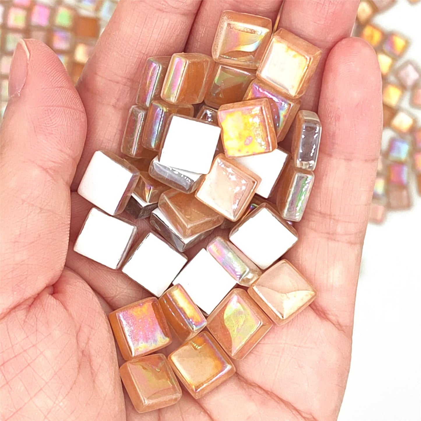 1.1lb Square Crystal Mosaic Tiles, Iridescent Mosaic Glass Tiles for Crafts, Mosaic Pieces DIY Hobbies Children Handmade Jewelry Art Decoration Gifts,525 Pieces (Camel)