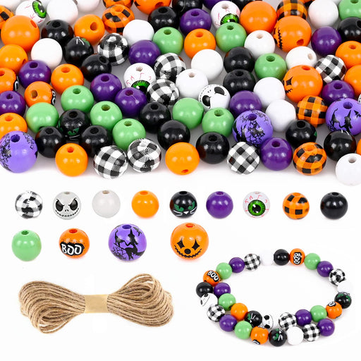 Biuthieny 230PCS Halloween Wooden Beads,13 Style Halloween Decorative Wooden Beads Round Wood Beads with Twine for Halloween Party Garden DIY Decors