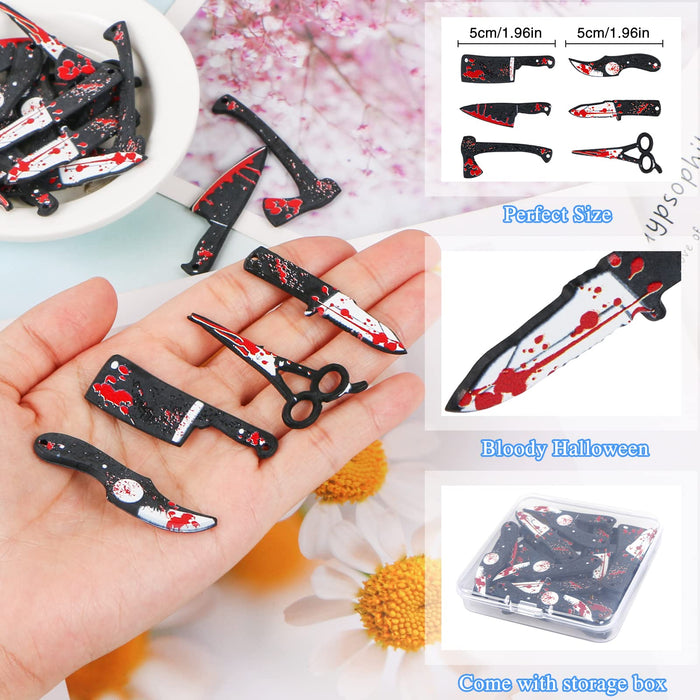 MIKIMIQI 24 Pcs Fake Knife Charms, Halloween Pendant Mini Resin Knives Beads for Women DIY Jewelry Making Crafting Halloween Charms with Box