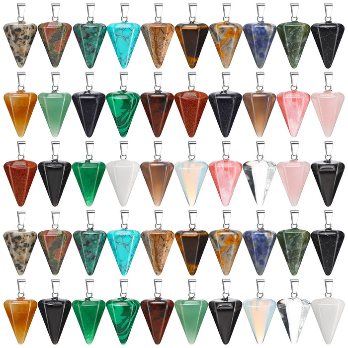 50 Pieces Cone Stone Pendants Pendulum Line Crystal Pendants Healing Chakra Quartz Crystal Charms Cone Shaped Gemstone Pendants for Jewelry Making DIY Necklace, 25 Colors