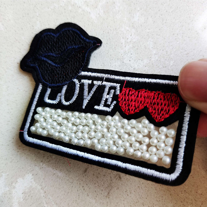 2 Pack Twinkling Pearl Iron On Sew on Patch, Lips Love Heart Emblem Embroidered Badge for Backpacks,Jeans, Jacket, Bags (Love)