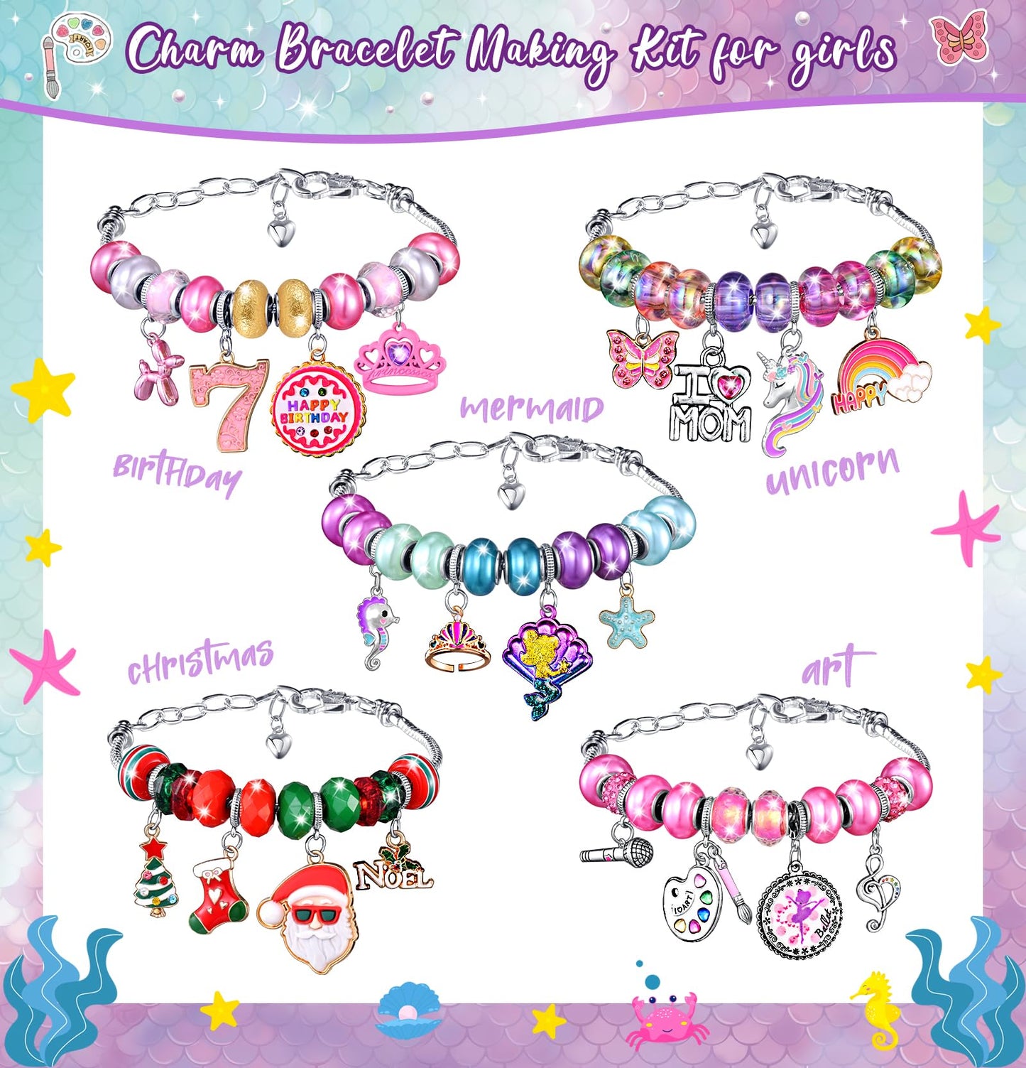 Girls Charm Bracelet Making Kit: Mermaid Jewelry Supplies Make Set Charm Bracelets Kits DIY Art Craft Set Girl Toys Age 5 6 7 8 9 10 11 12 Year Old Girl Little Children Creative Birthday Gifts for Kid