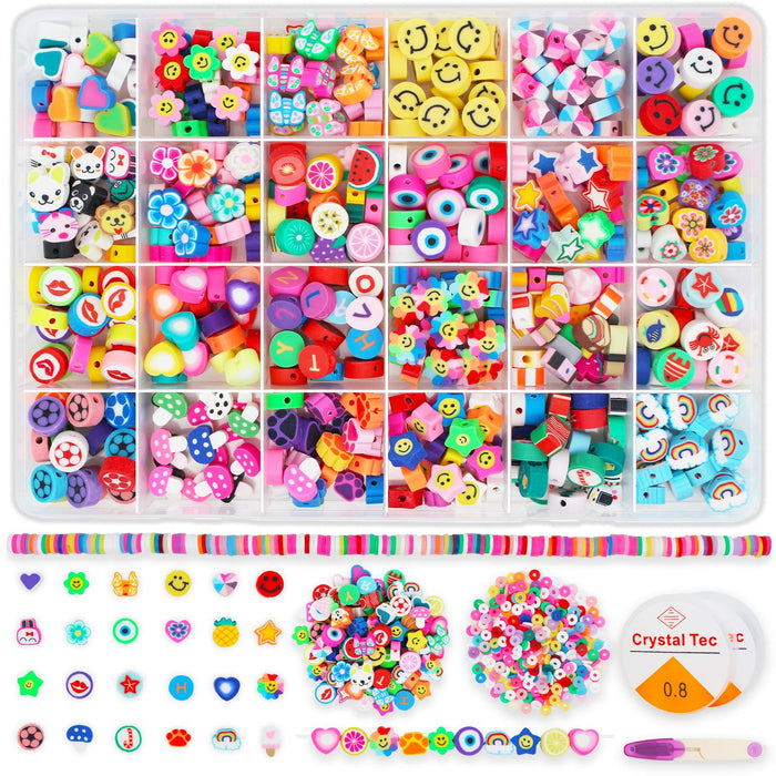 KEMUU 777PCS Fruit Flower Polymer Clay Beads, Preppy Clay Beads for DIY Jewelry Bracelets Making Kit, 25 Style Cute Smiley face Heart Clay Beads Charms, Accessories for Women Girls