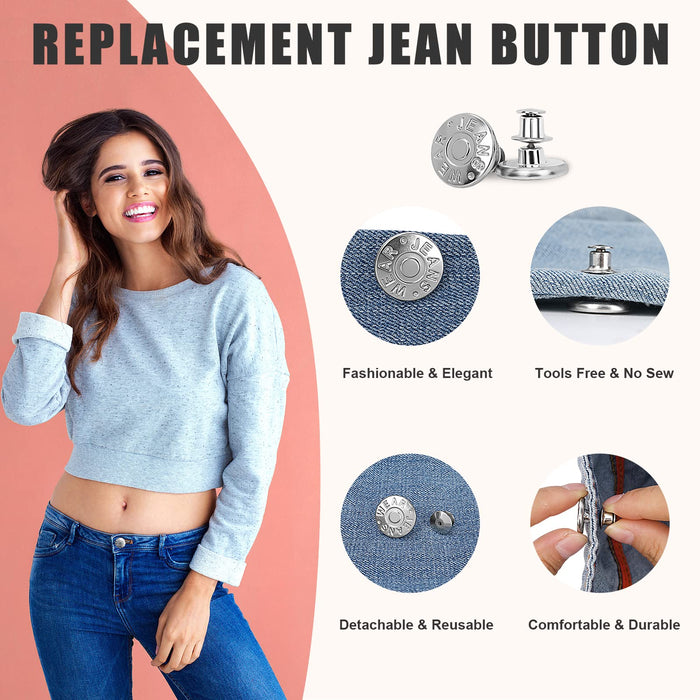 Button pins for Jeans , 8 Sets Jean Button Pins for Loose Jeans Pants No Sew Tools Free Detachable