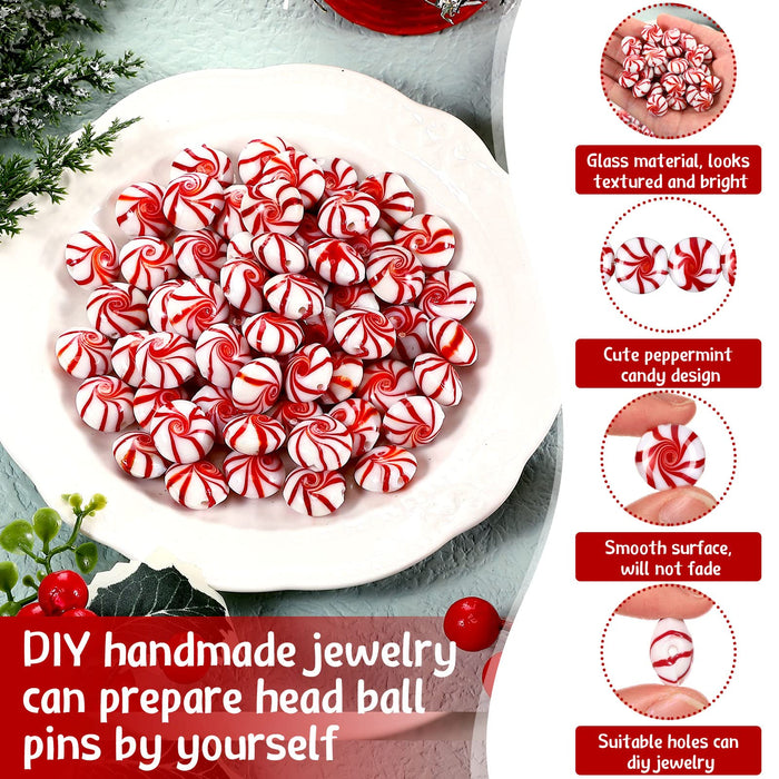 60 Pcs Christmas Glass Peppermint Candy Beads Christmas Tree Hanging Candy Cane Ornament for Holiday Jewelry Making with Stretch Bead Cord Christmas Party Favor Red and White Striped (Peppermint)