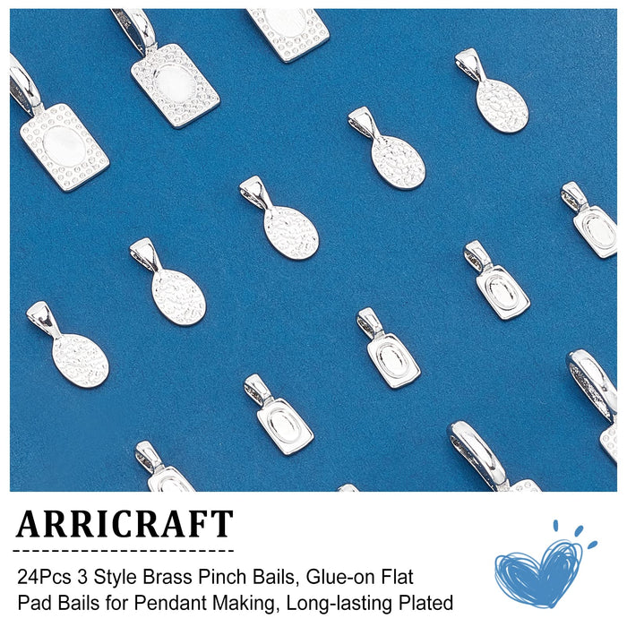 arricraft 24 Pcs 3 Styles Brass Pendant Bails, Glue-on Cabochon Settings Oval Rectangle Flat Pad Bail for Jewelry Making Earring Necklace Bracelet Charm Findings