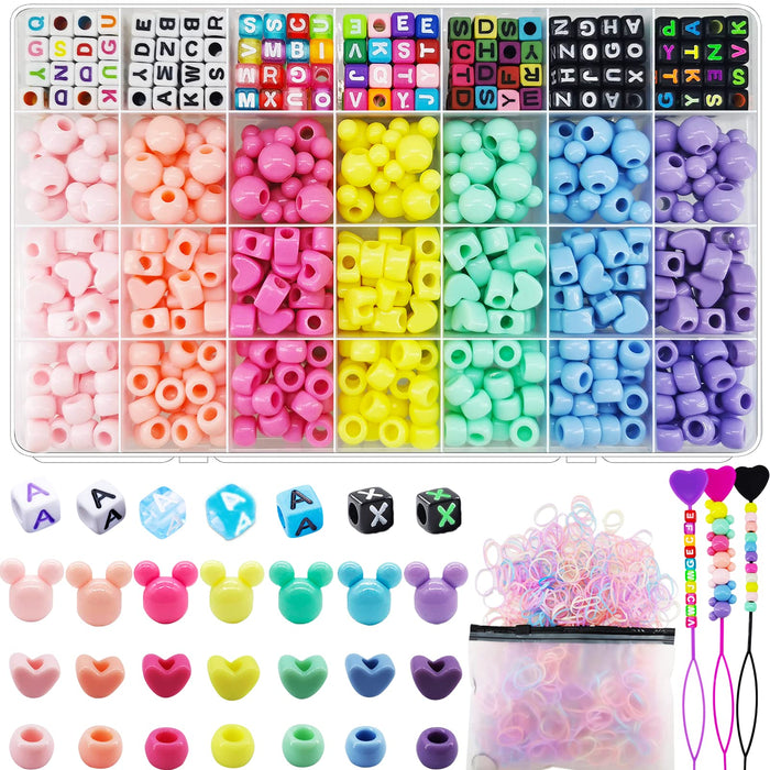 1605 Pcs Hair Beads for Braids for Girls with Elastic Rubber Band Threaders Kit, Candy Color Acrylic Mickey Heart Star Alphabet Cube Beads Pastel Pony Beads Cube Kandi Beads for Hair Jewelry Making