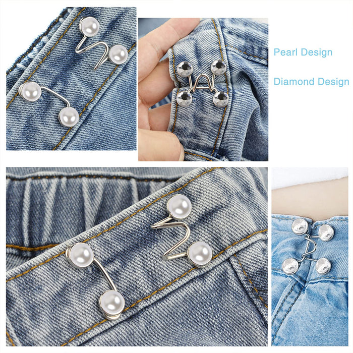 MIKIMIQI 8 Set Adjustable Waist Buckles, 4 Sets Nail-Free Pearl Diamond Waist Buckle Set and 4 Pcs Pearl Safety Pin Jeans Tighten Waist Adjustment Button Perfect Fit Instant Button for Pants
