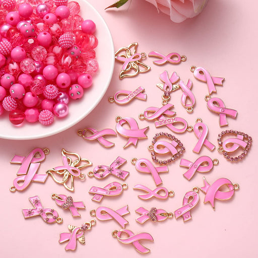 570PCS Breast Cancer Awareness Beads Charms for Jewelry Making, Pink Ribbon Charms Clay Beads Acrylic Crystal Pink Beads for Bracelet Necklace Earrings Making DIY Crafts (570PCS Beads&Charms)