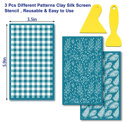 Juome Silk Screen Stencils for Polymer Clay, 3Pcs Reusable Silk Screens Printing Kit with 2Pcs Scrapers, Polymer Clay Tools for Earring Jewelry Making