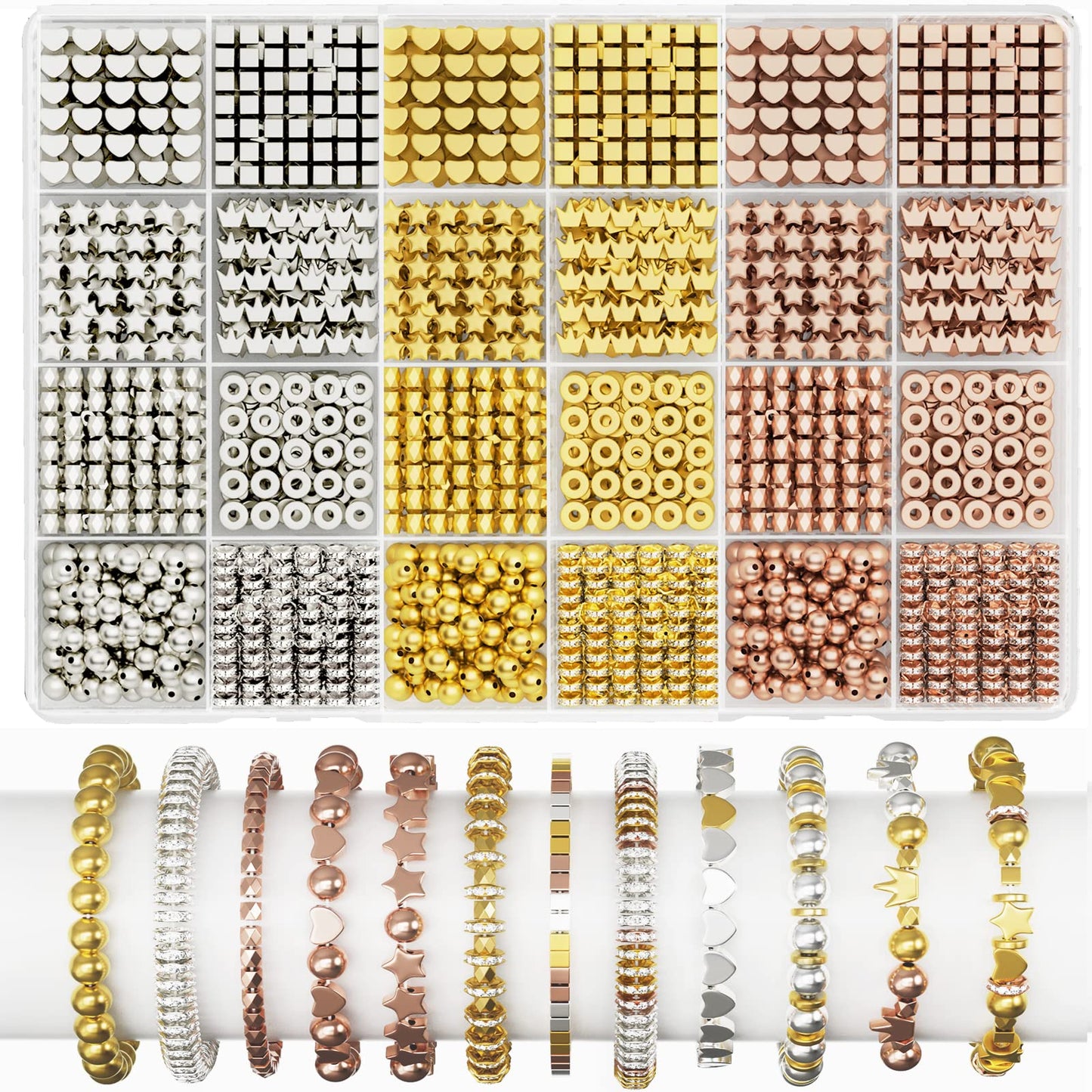 ARTDOT Gold Beads for Jewelry Bracelets Making, 1740 PCS 8 Styles Spacer Beads Kit (Gold, Sliver, Rose Gold)