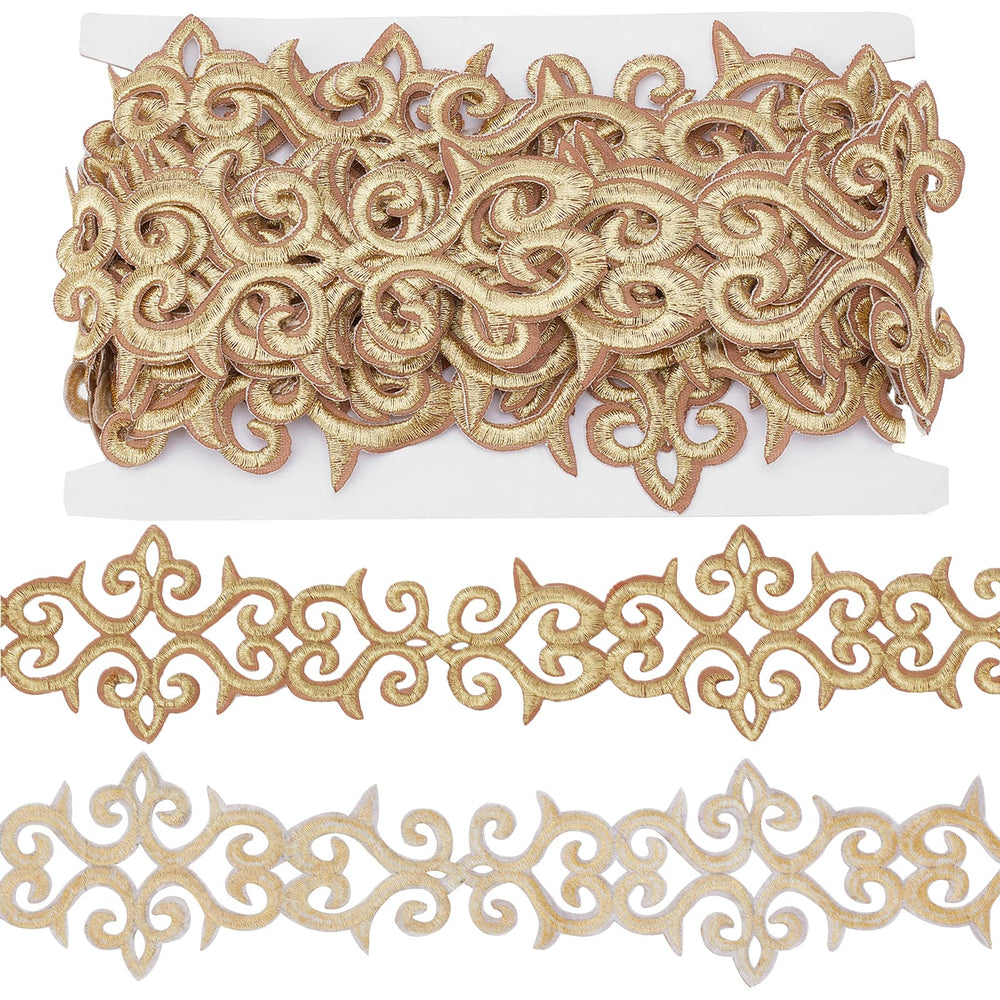 NBEADS About 5.2 Yards Gold Embroidery Polyester Ribbons, 3" Wide Adhesive Cloud Lace Trim Iron on Metallic Flower Lace for Sewing Costumes Gowns Home Decor Garment Accessories