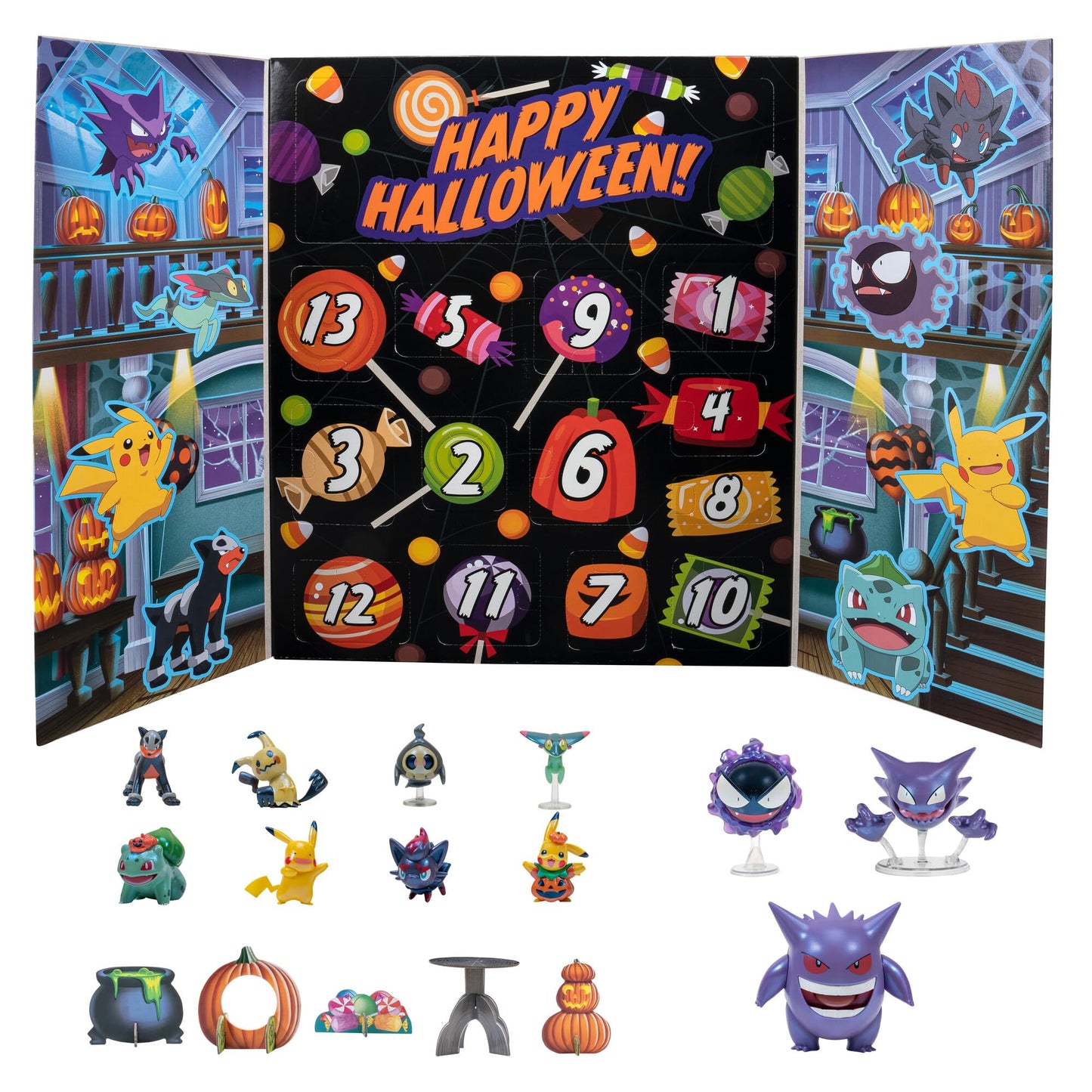 Pokémon Countdown Advent Calendar for Kids, 16 Piece Gift Playset - Set Includes Special Finish Pikachu, Bulbasaur, Gengar and More - 11 Toy Character Figures & 5 Accessories - 4+