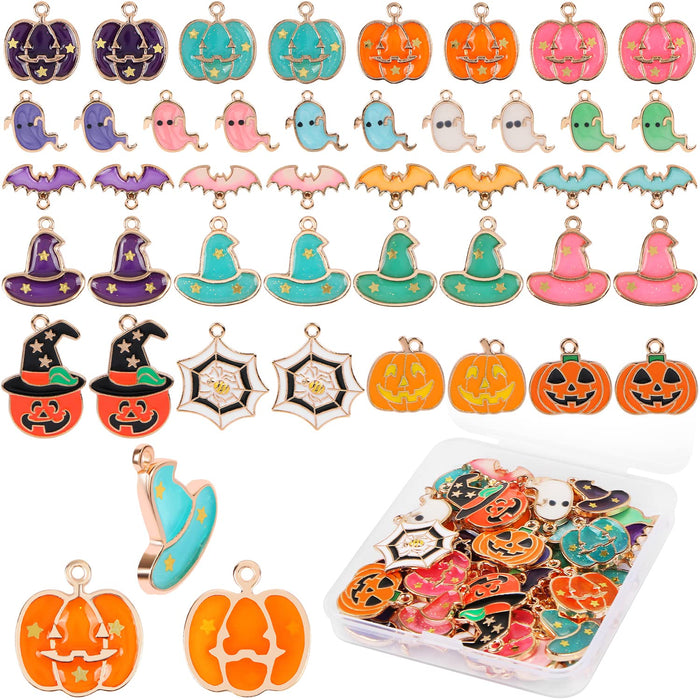 42 Pcs Halloween Charms, MIKIMIQI Halloween Theme Pendant Key Ring Assorted Enamel Pumpkin Bat Ghost Hat Spider Beads for Women DIY Jewelry Making Halloween Party Favors Charms with Box
