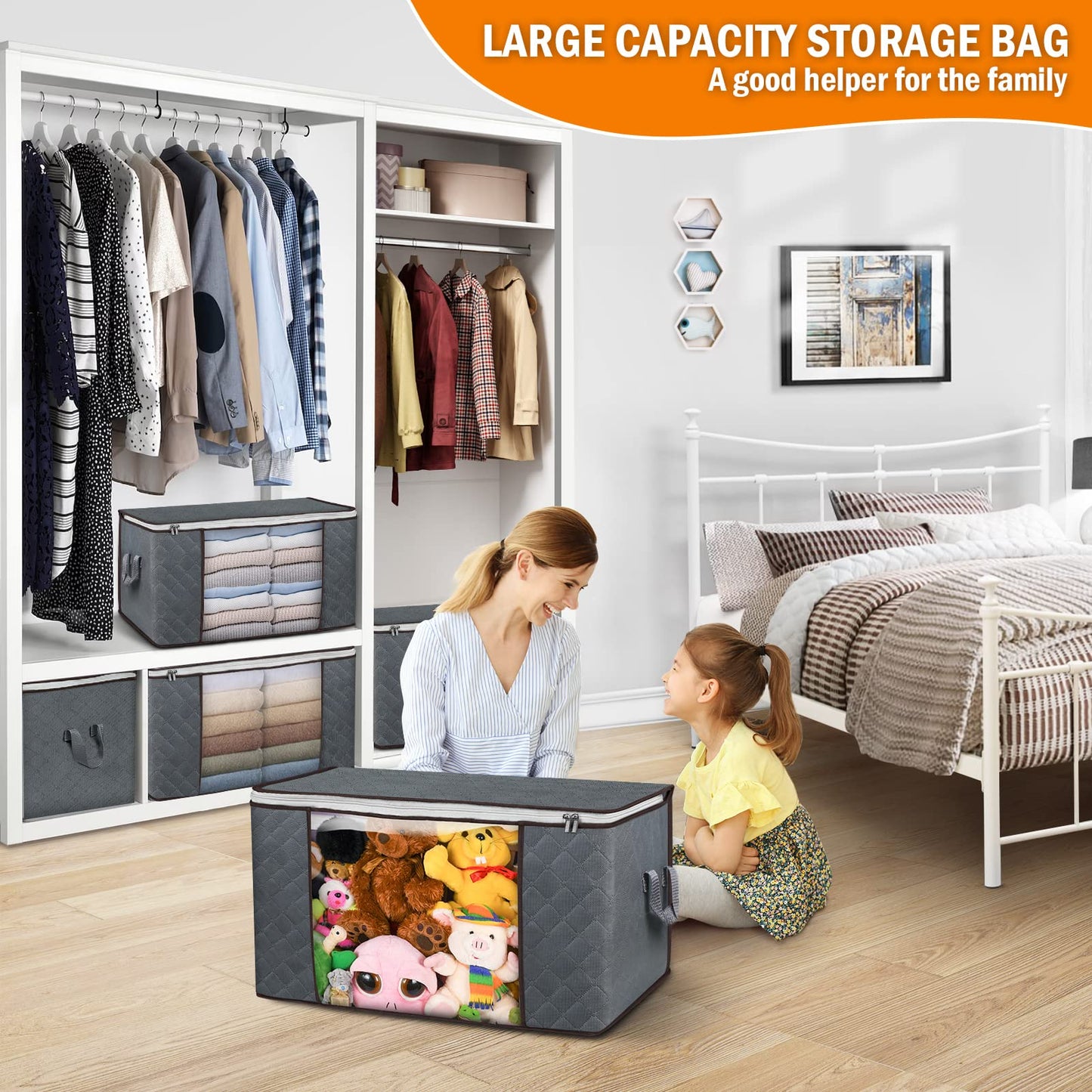 90L Large Storage Bags, 6 Pack Clothes Storage Bins Foldable Closet Organizers Storage Containers with Durable Handle for Clothing, Blanket, Comforters, Bed Sheets, Pillows and Toys (Gray)