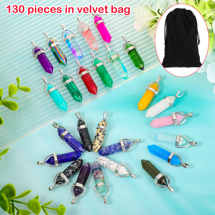 130 Pcs Crystal Pendants Bulk Hexagonal Natural Gemstone Pendants Necklace Chakra Quartz Bullet Shape Charm Bag for Jewelry Making Christmas Gift (Vibrant Color)