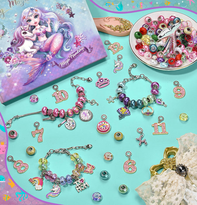 Girls Charm Bracelet Making Kit: Mermaid Jewelry Supplies Make Set Charm Bracelets Kits DIY Art Craft Set Girl Toys Age 5 6 7 8 9 10 11 12 Year Old Girl Little Children Creative Birthday Gifts for Kid