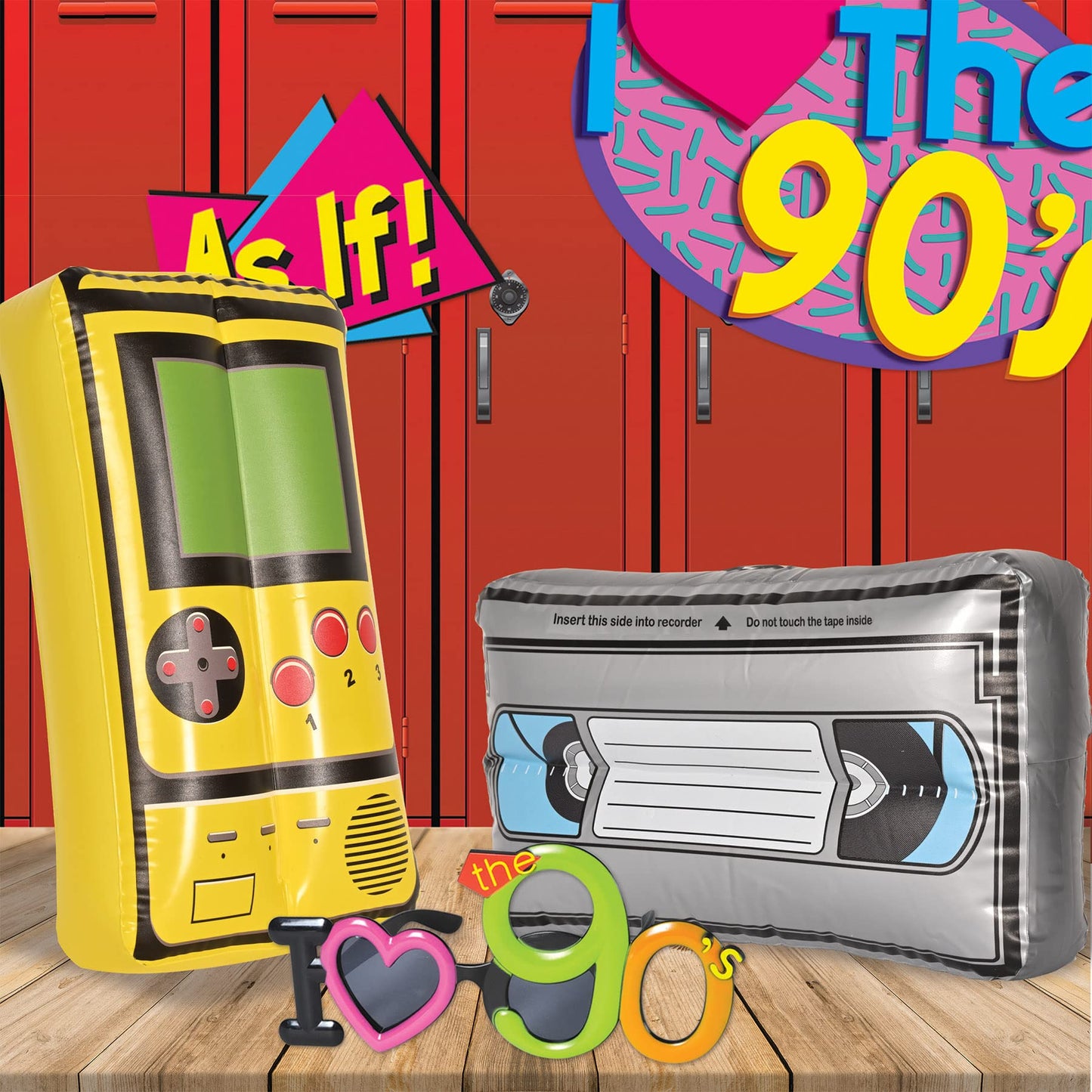 Beistle 2 Piece 15" x 9" Inflatable VHS Tape & Handheld Game Throwback 1990's Theme Party Decorations, 9" x 15", Black/Yellow/Red/Gray/Blue