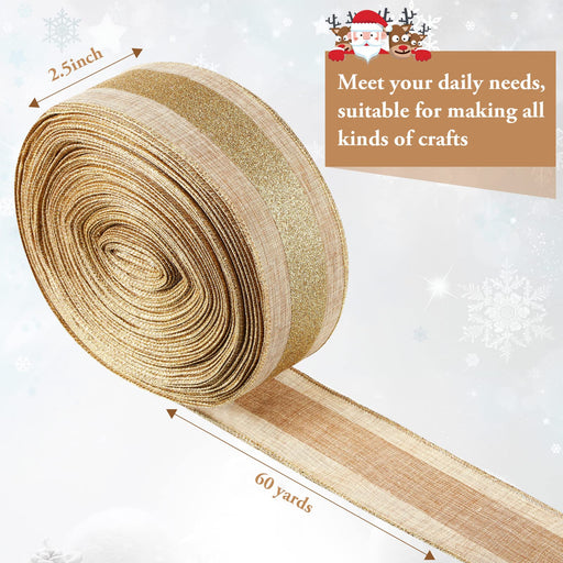 Christmas Gold Stripe Ribbon Decor Gold Glitter Wrapping Ribbon Tree Ribbon DIY Wired Edge Ribbon for Home Yard Wrapping DIY Craft Decor, 2.5 Inch Width (Shining Gold, 60 Yards)
